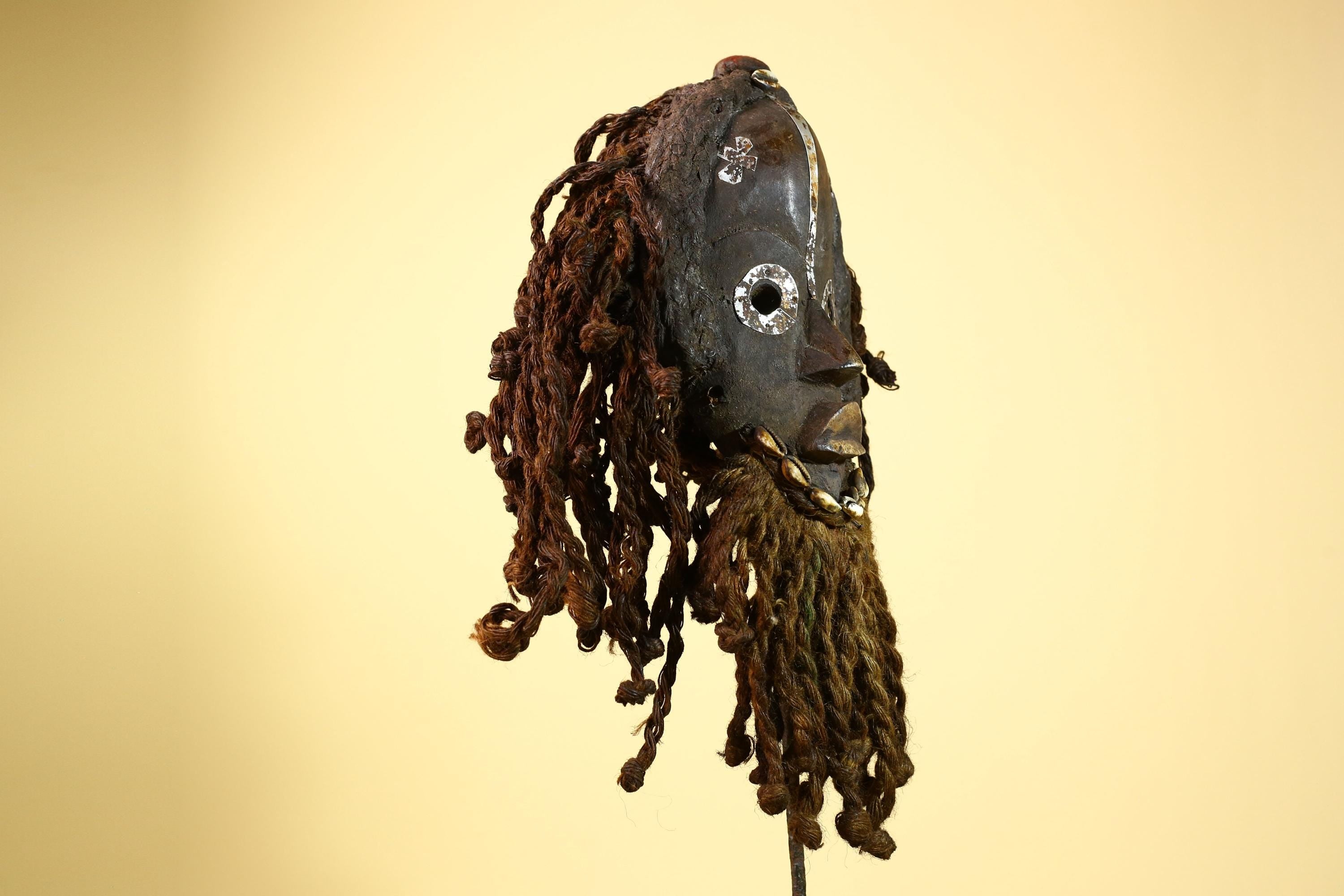African Dan Gio Mask Wood Metal Inlay Fiber Hair Cowrie Tribal Liberia Art-G5992