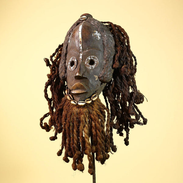 African Dan Gio Mask Wood Metal Inlay Fiber Hair Cowrie Tribal Liberia Art-G5992