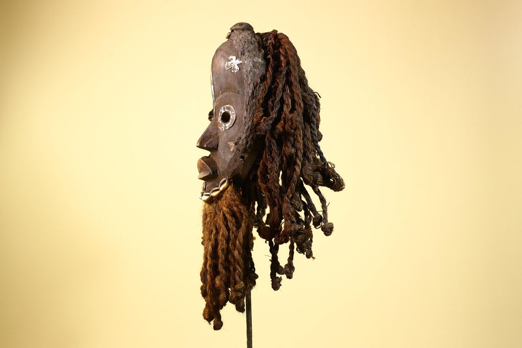African Dan Gio Mask Wood Metal Inlay Fiber Hair Cowrie Tribal Liberia Art-G5992