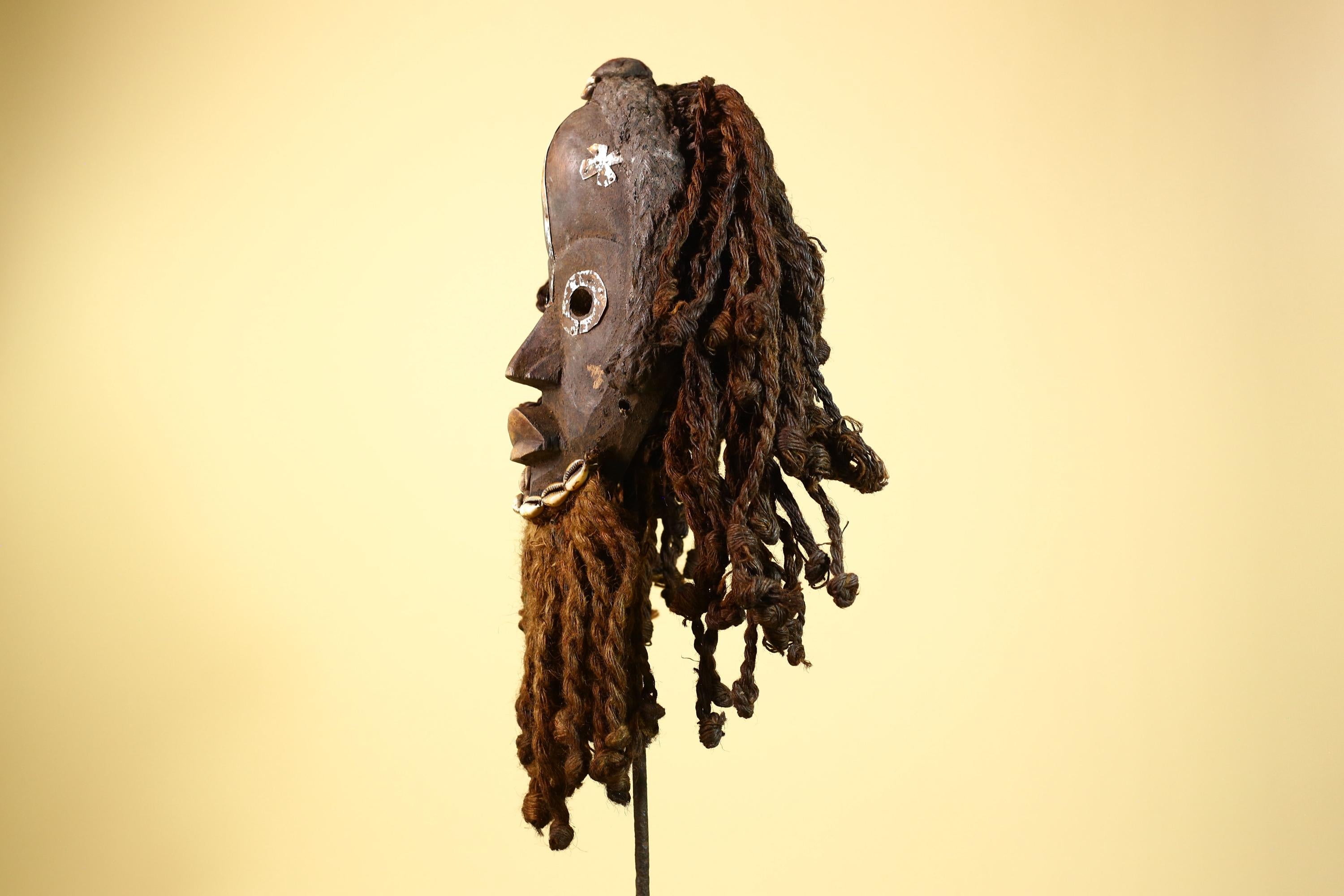 African Dan Gio Mask Wood Metal Inlay Fiber Hair Cowrie Tribal Liberia Art-G5992