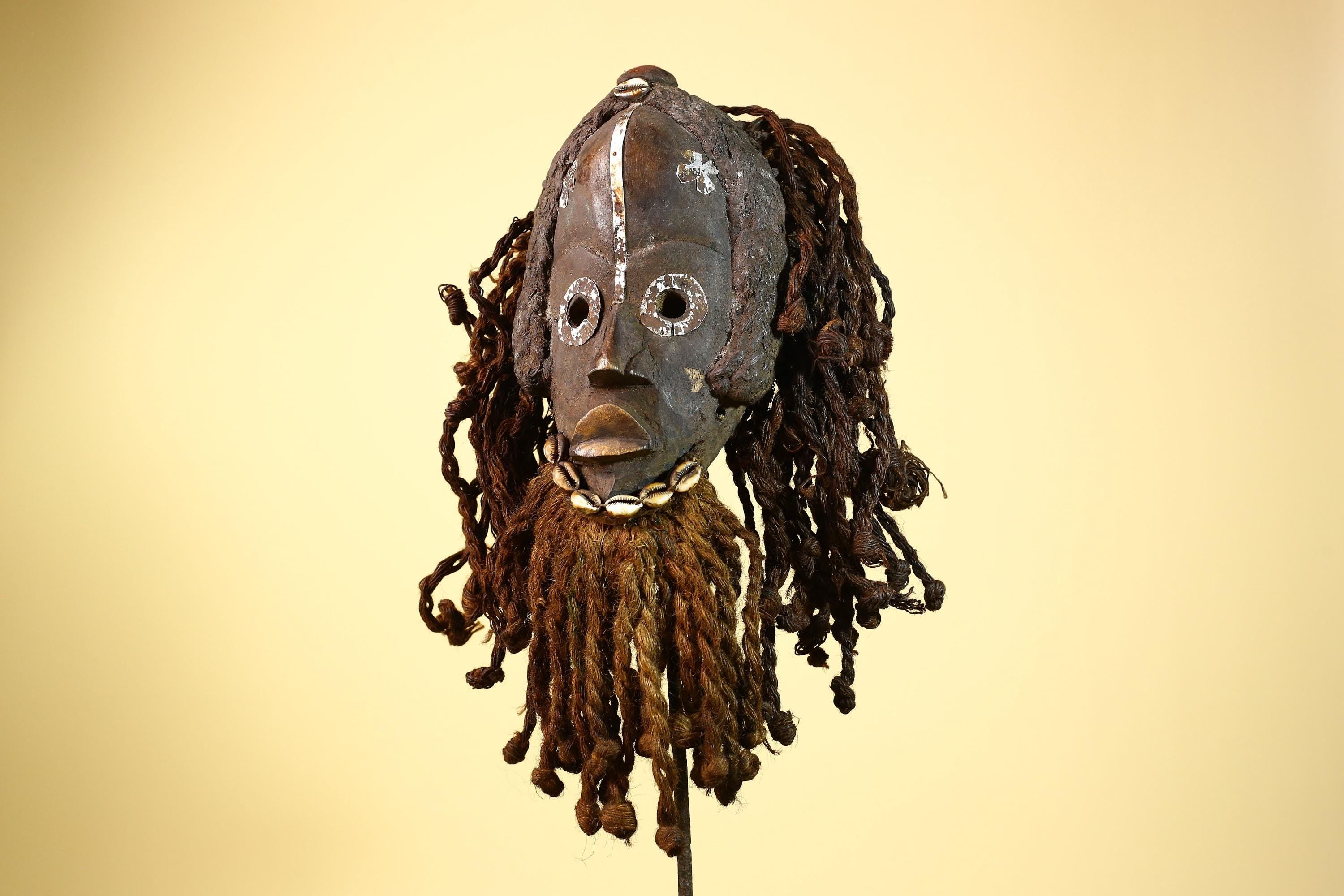 African Dan Gio Mask Wood Metal Inlay Fiber Hair Cowrie Tribal Liberia Art-G5992