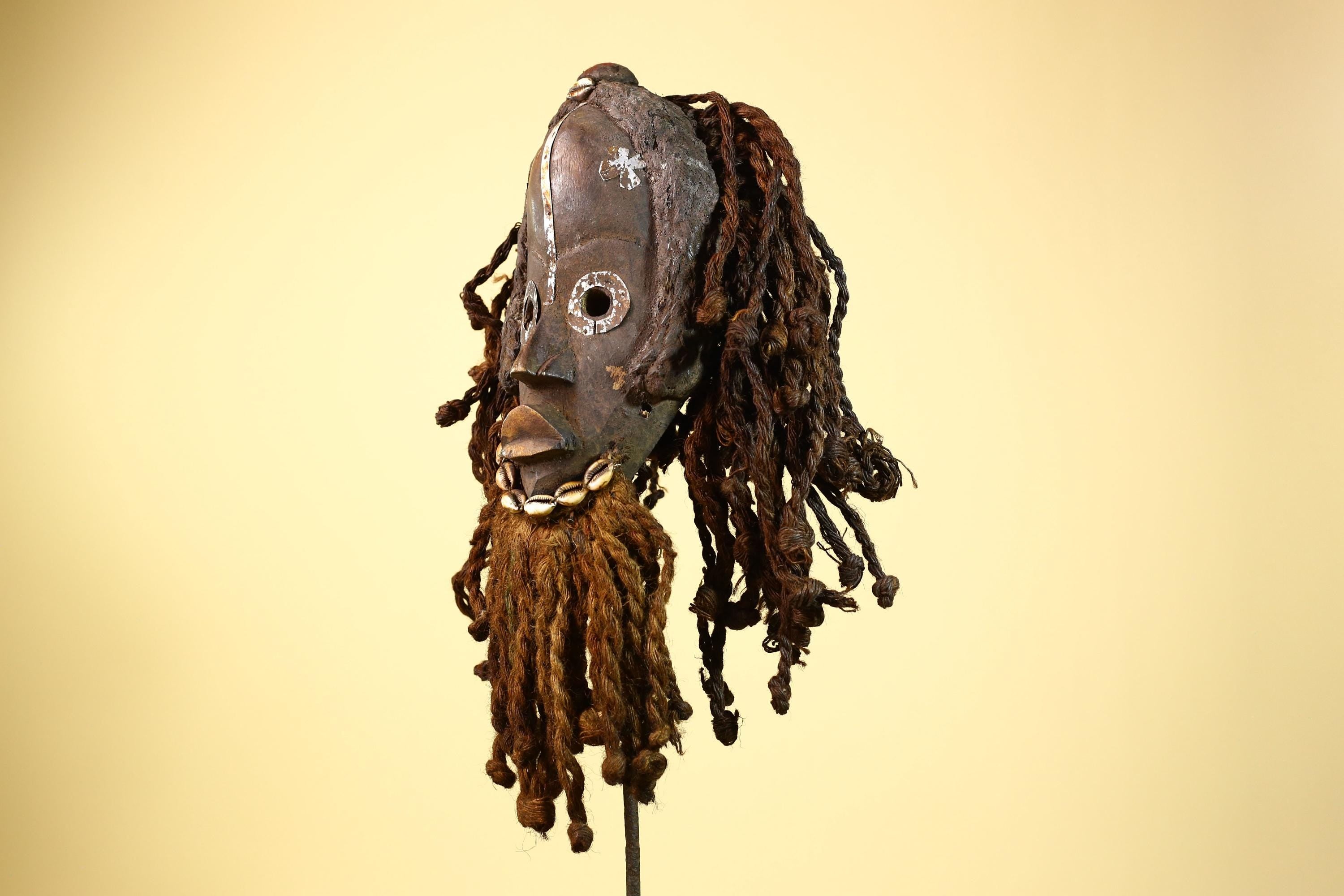 African Dan Gio Mask Wood Metal Inlay Fiber Hair Cowrie Tribal Liberia Art-G5992