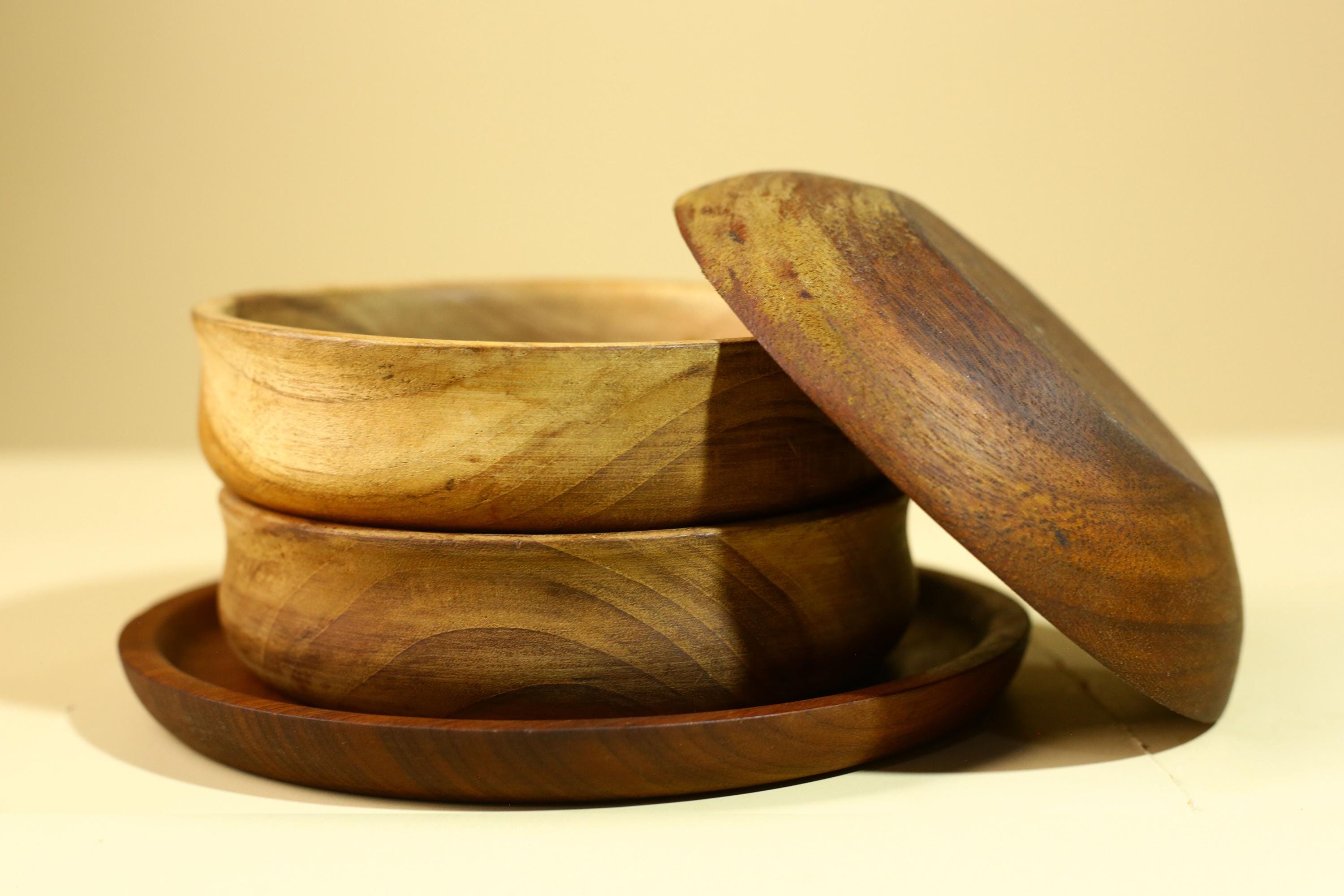 Handmade African Wood Bowl Set Carved Wooden Decor Rustic Kitchen Art-G5910