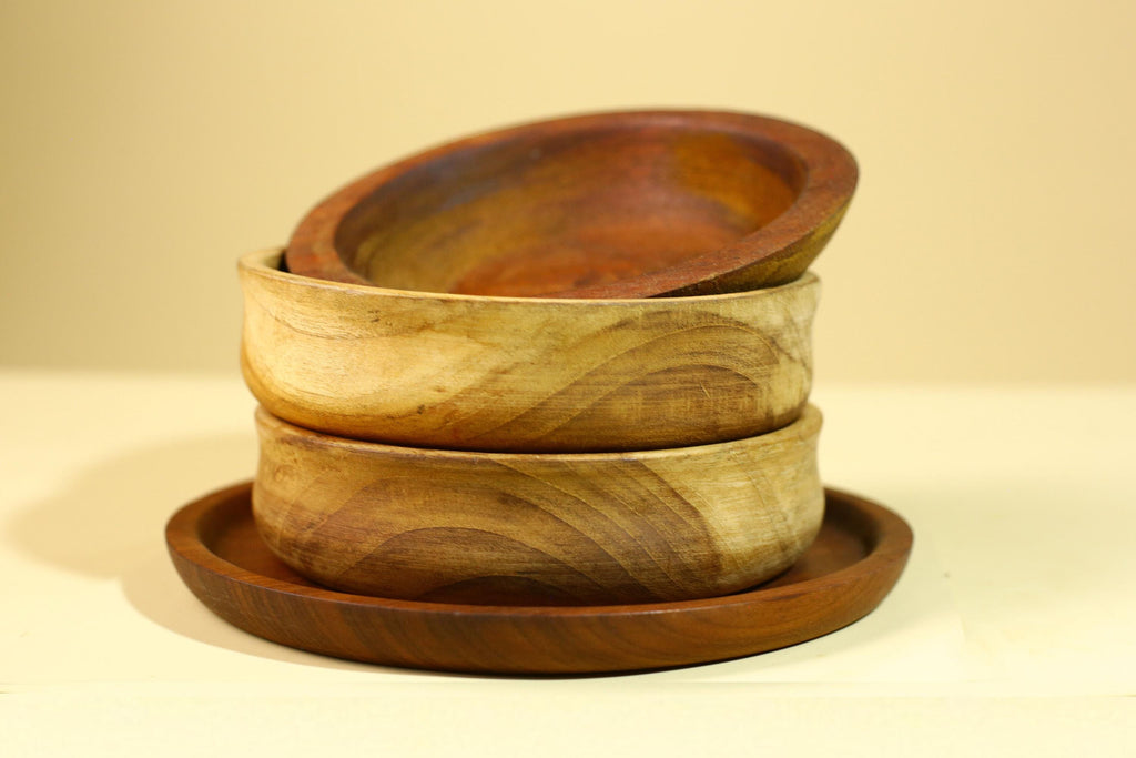 Handmade African Wood Bowl Set Carved Wooden Decor Rustic Kitchen Art-G5910