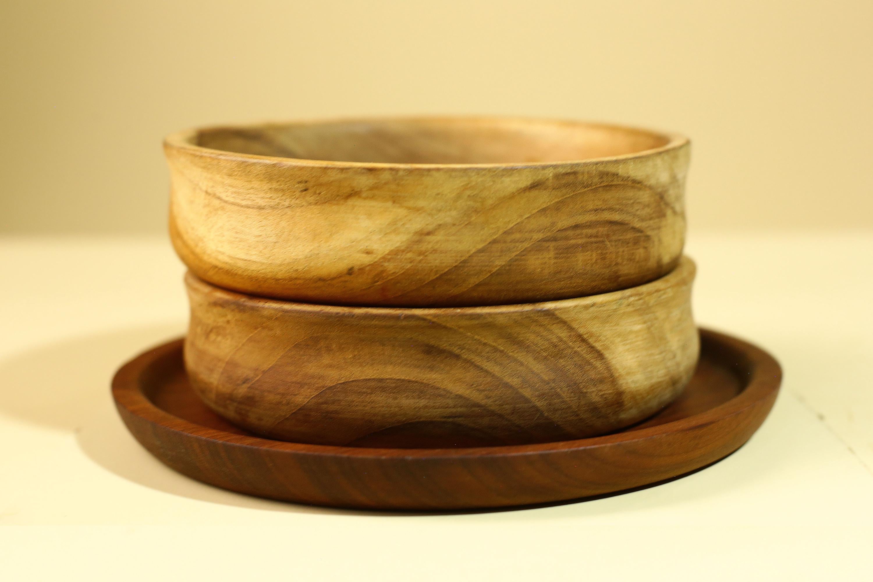 Handmade African Wood Bowl Set Carved Wooden Decor Rustic Kitchen Art-G5910