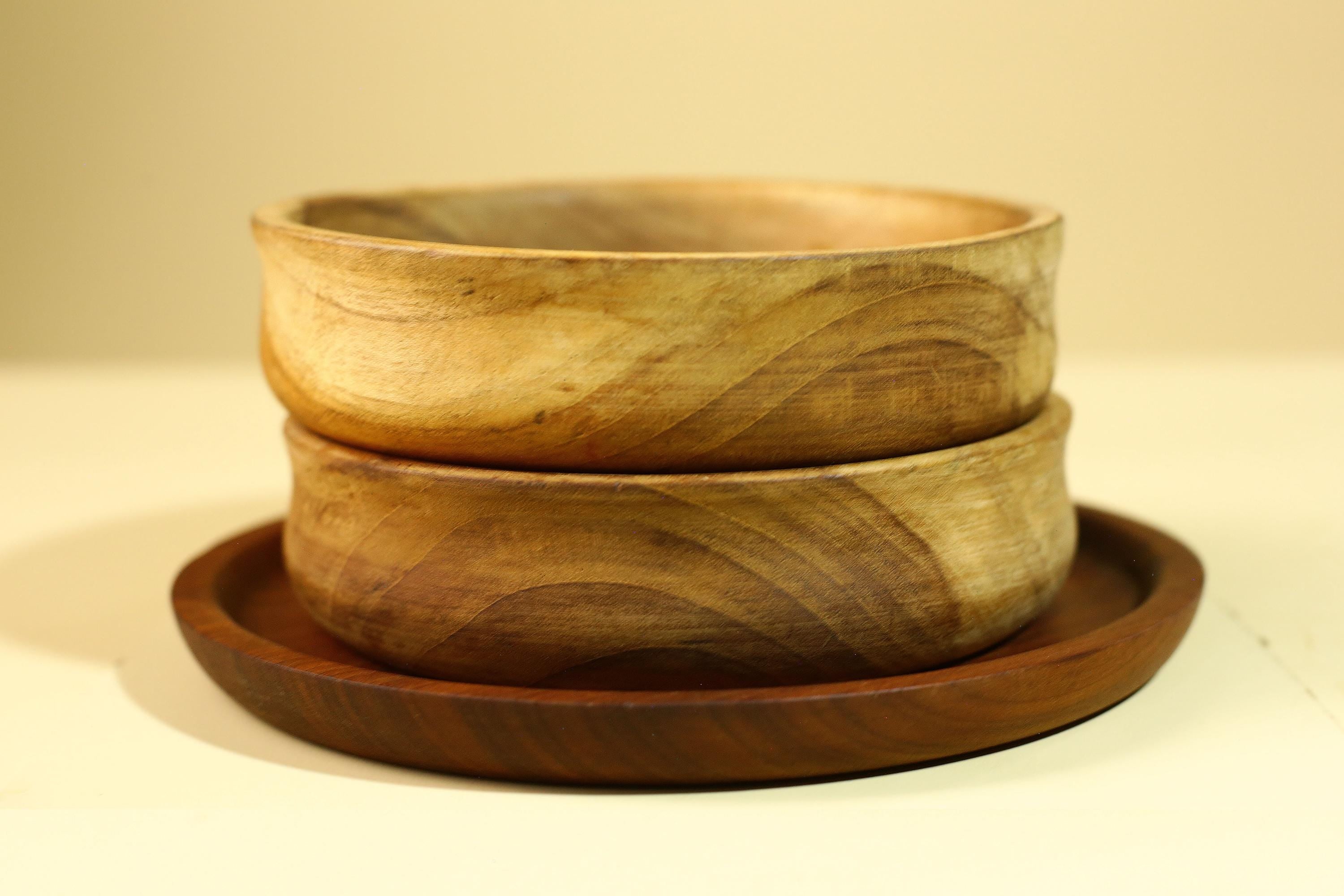 Handmade African Wood Bowl Set Carved Wooden Decor Rustic Kitchen Art-G5910