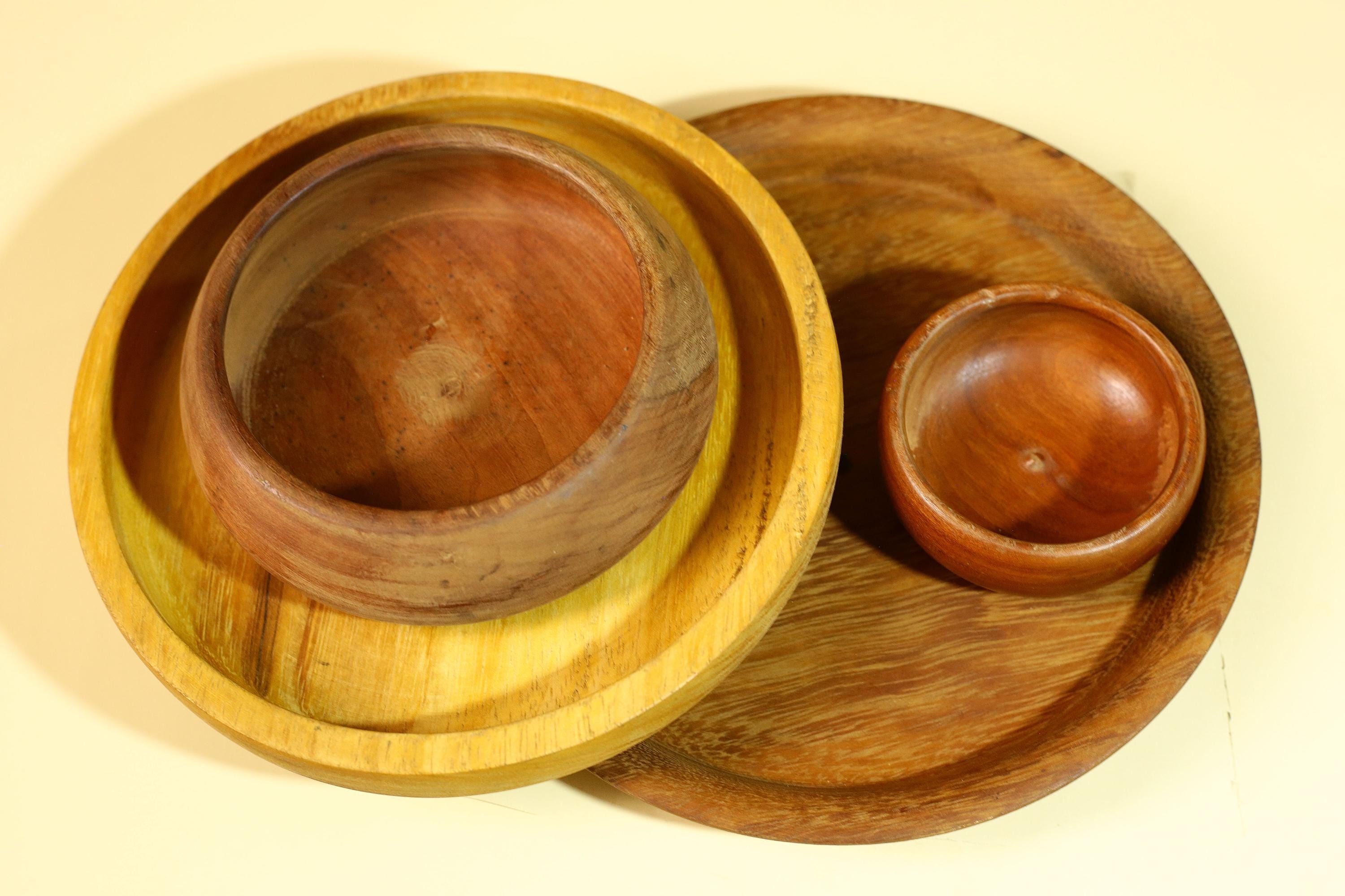 Vintage Carved Wood Bowl Set Rustic Handmade Wooden Kitchen Serving-G5911