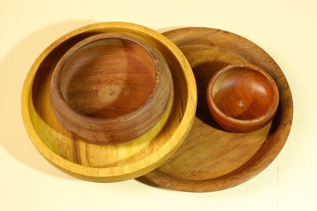 Vintage Carved Wood Bowl Set Rustic Handmade Wooden Kitchen Serving-G5911