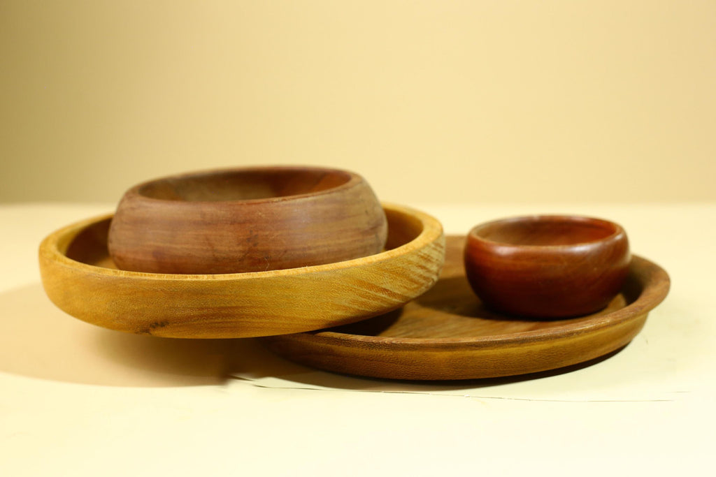 Vintage Carved Wood Bowl Set Rustic Handmade Wooden Kitchen Serving-G5911