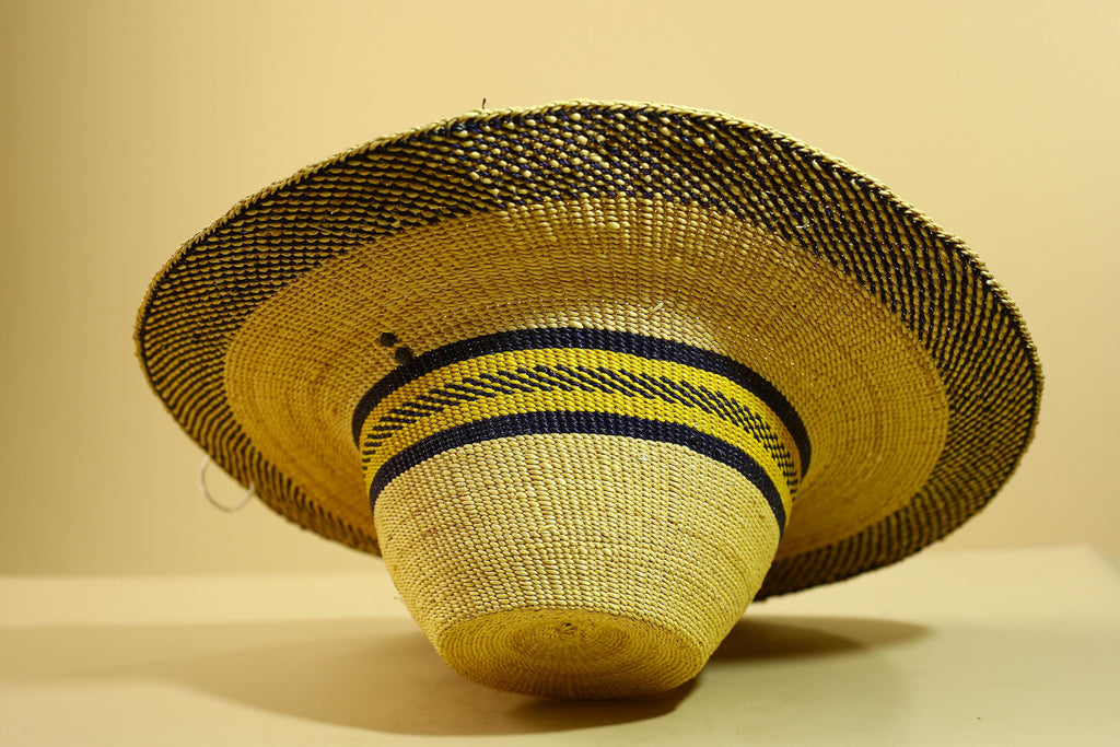 Handwoven Straw Hat Raffia Yellow Blue Stripe African Woven Summer Art Decor-G5912