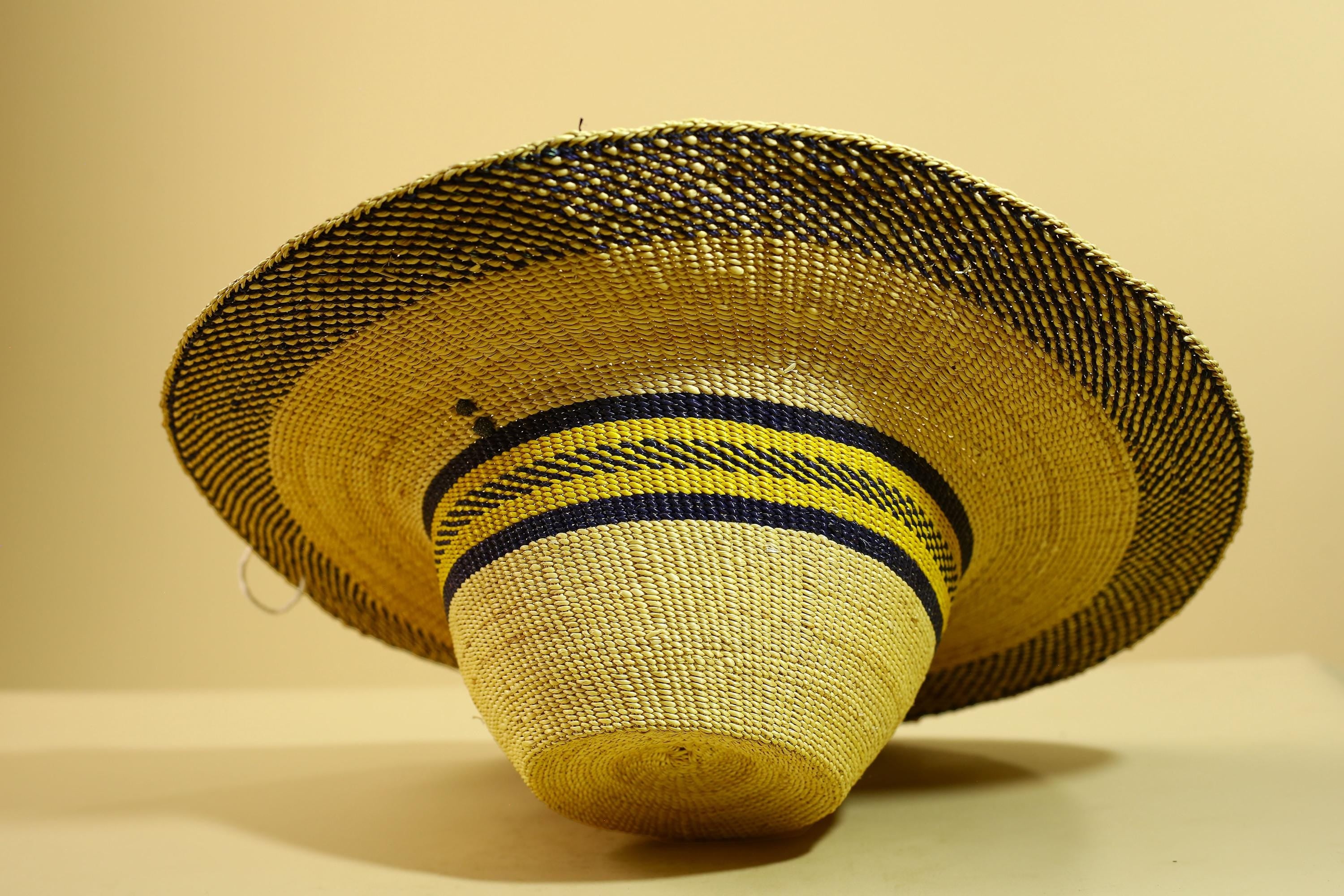 Handwoven Straw Hat Raffia Yellow Blue Stripe African Woven Summer Art Decor-G5912