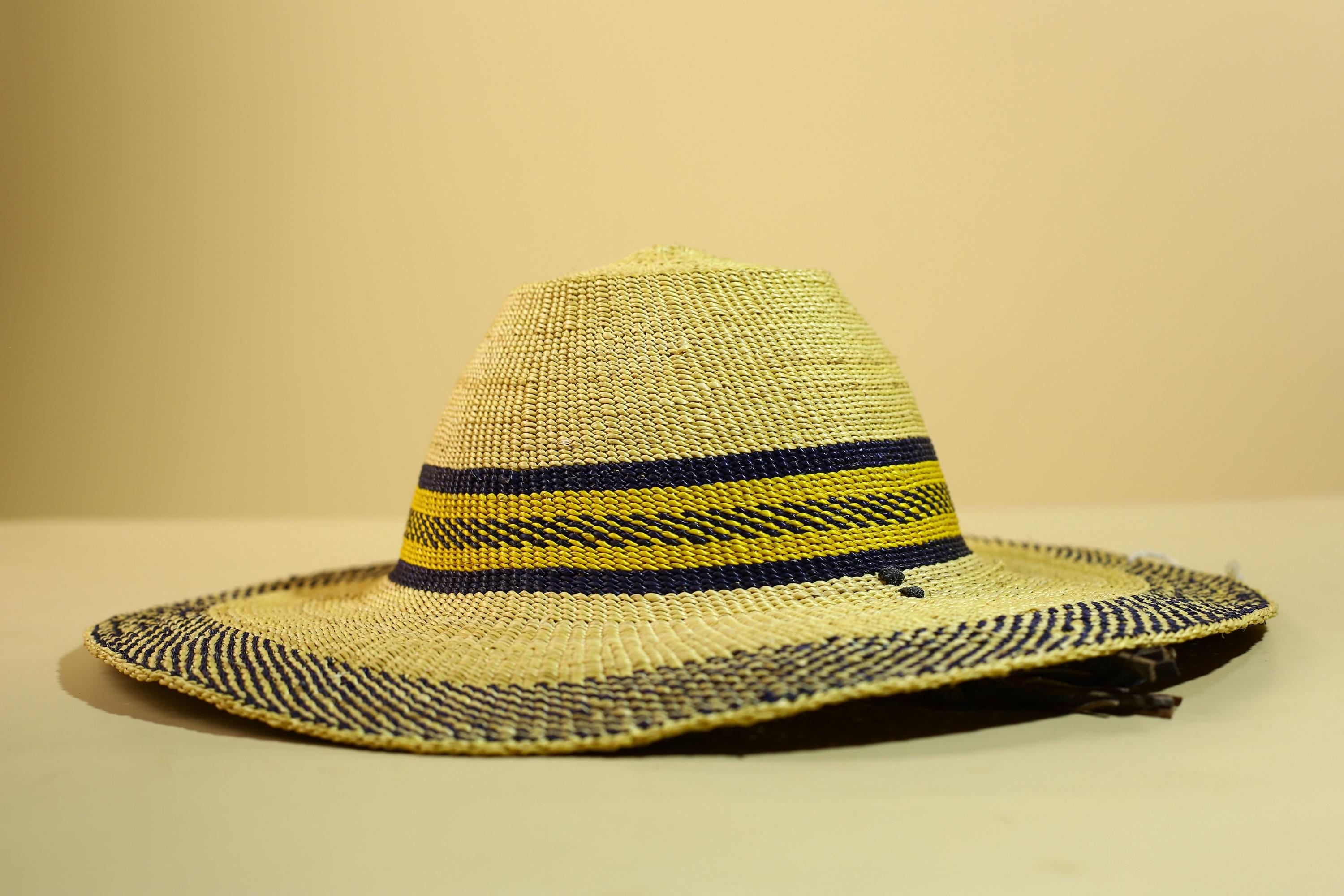 Handwoven Straw Hat Raffia Yellow Blue Stripe African Woven Summer Art Decor-G5912