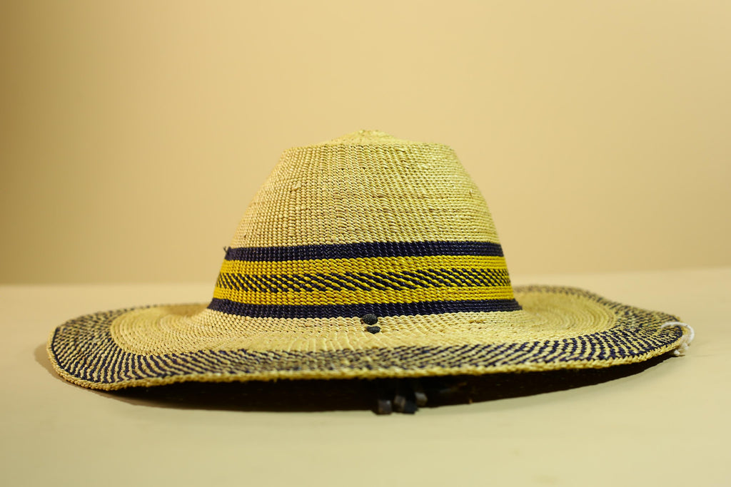 Handwoven Straw Hat Raffia Yellow Blue Stripe African Woven Summer Art Decor-G5912