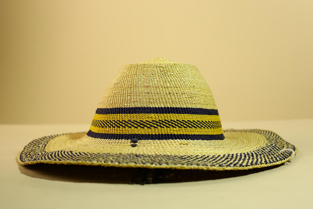 Handwoven Straw Hat Raffia Yellow Blue Stripe African Woven Summer Art Decor-G5912