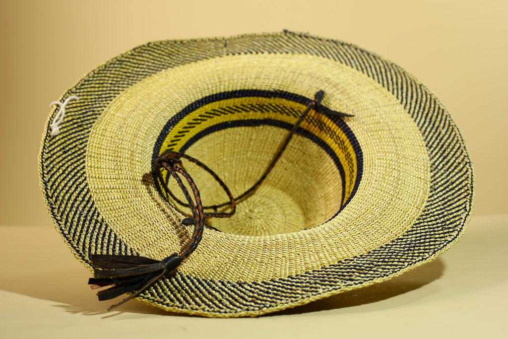 Handwoven Straw Hat Raffia Yellow Blue Stripe African Woven Summer Art Decor-G5912