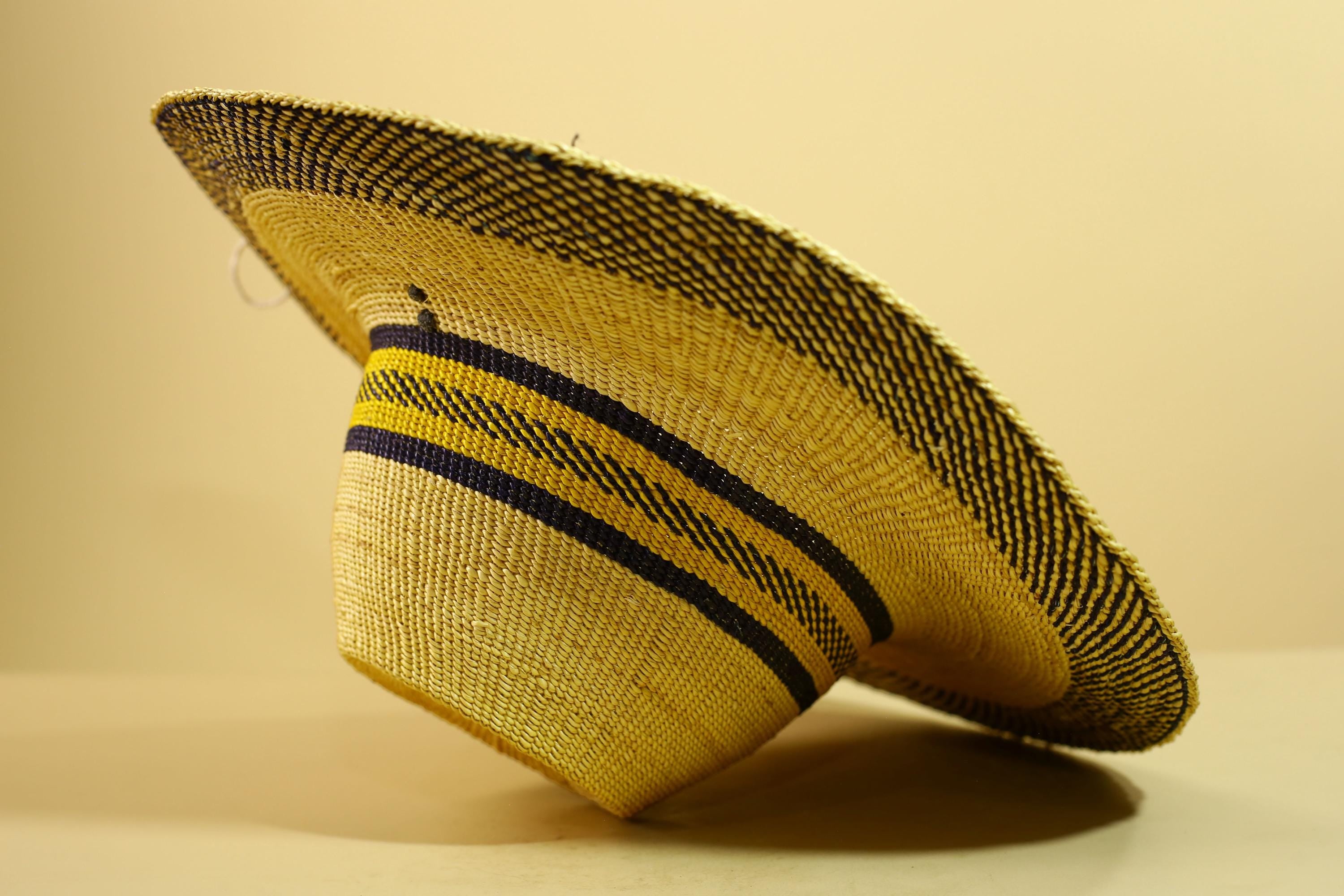 Handwoven Straw Hat Raffia Yellow Blue Stripe African Woven Summer Art Decor-G5912