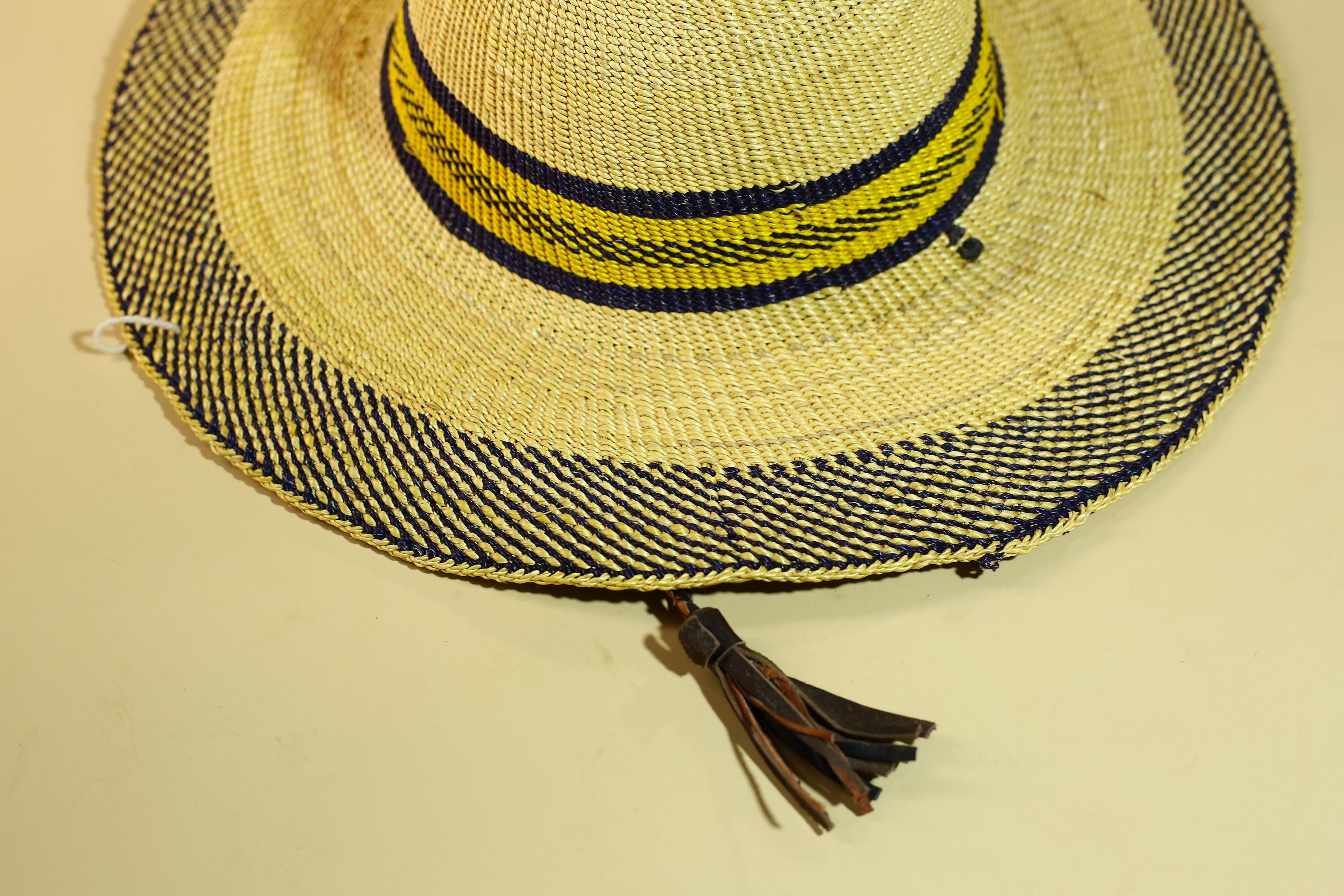 Handwoven Straw Hat Raffia Yellow Blue Stripe African Woven Summer Art Decor-G5912
