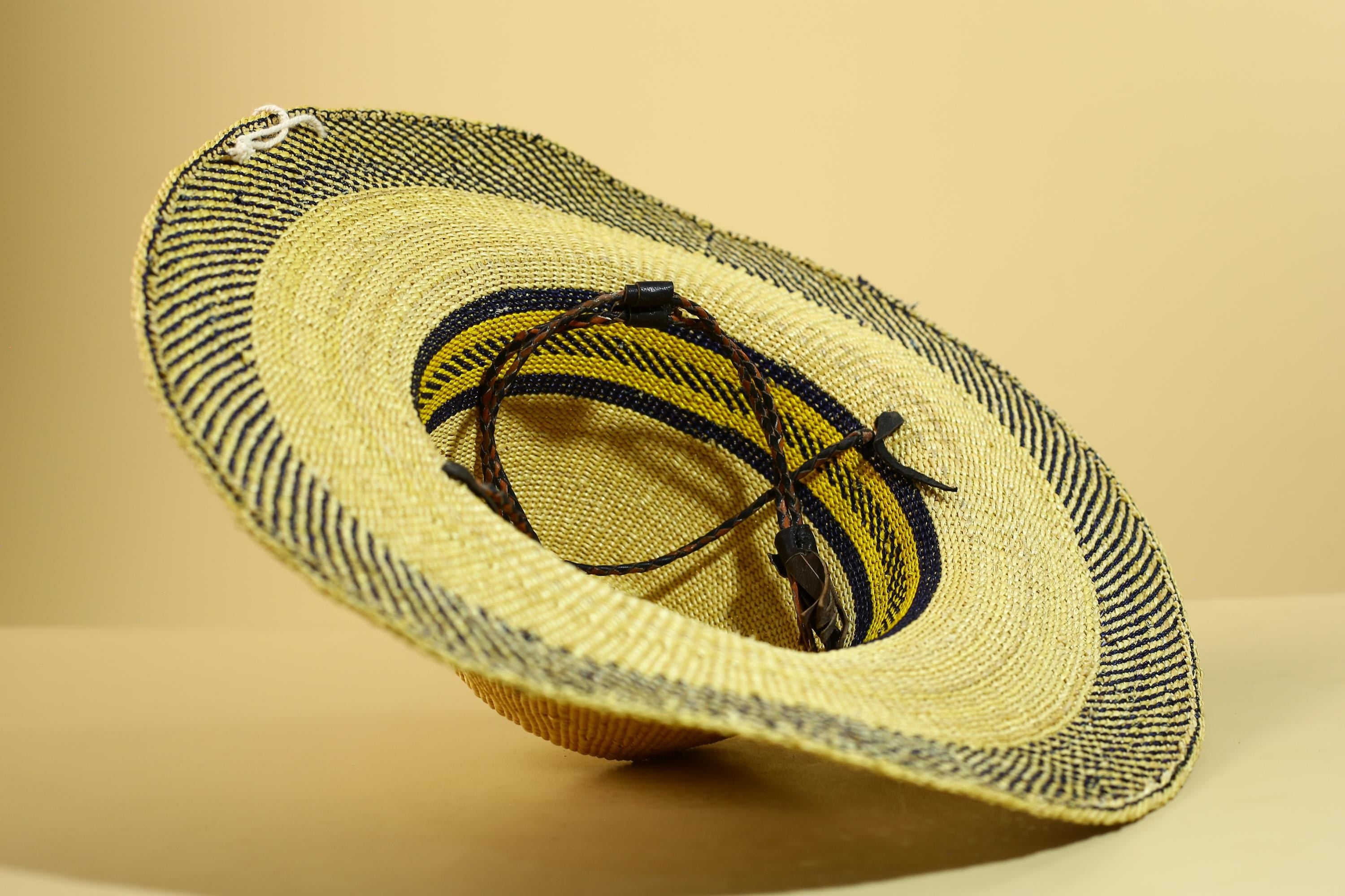 Handwoven Straw Hat Raffia Yellow Blue Stripe African Woven Summer Art Decor-G5912