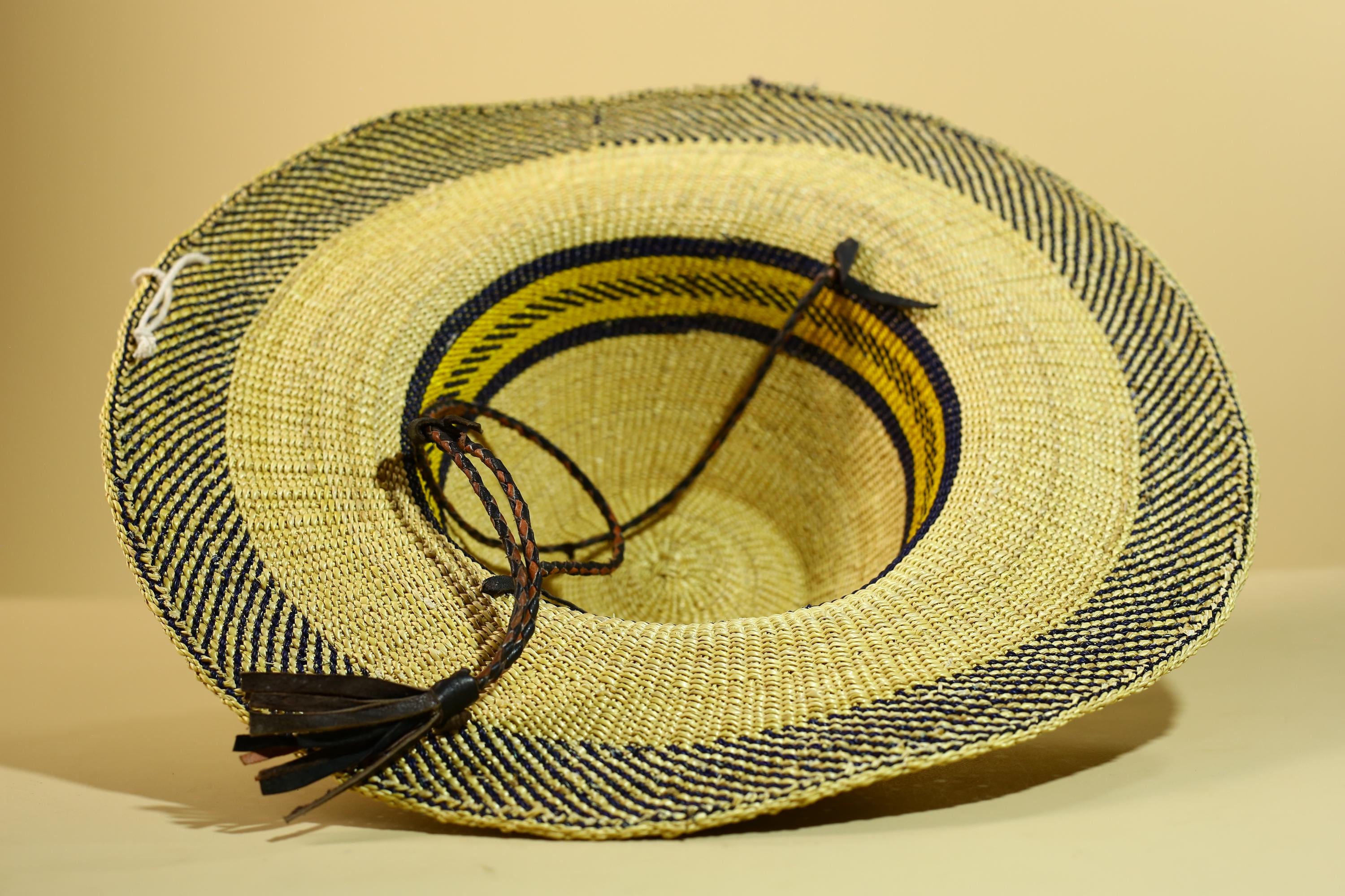 Handwoven Straw Hat Raffia Yellow Blue Stripe African Woven Summer Art Decor-G5912