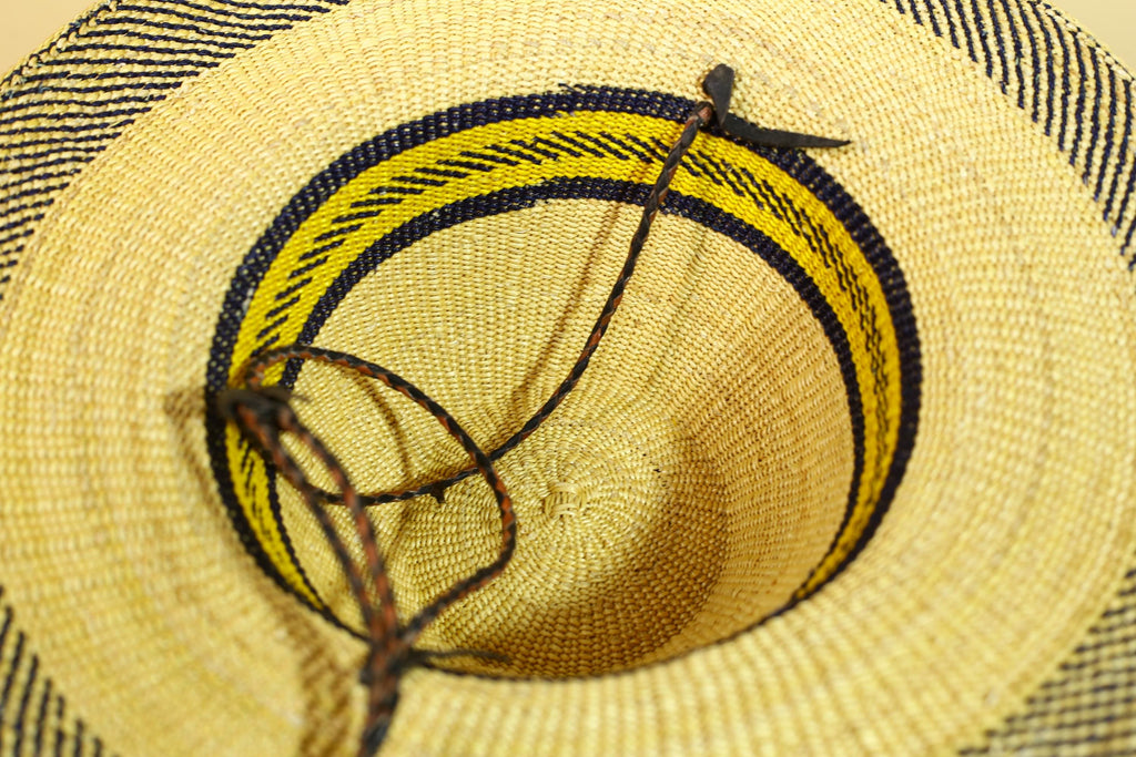 Handwoven Straw Hat Raffia Yellow Blue Stripe African Woven Summer Art Decor-G5912