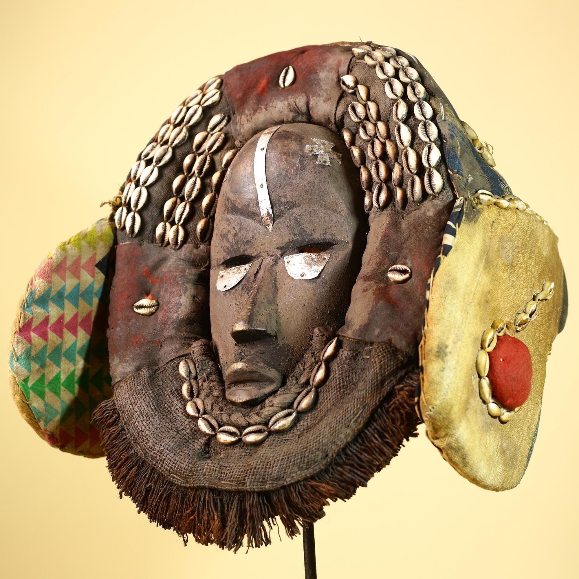 Authentic Dan Mask Cowrie Shells Textiles & Patina Liberia African Tribal -G5995
