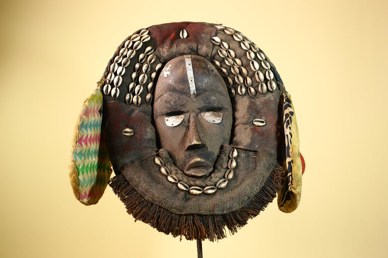 Authentic Dan Mask Cowrie Shells Textiles & Patina Liberia African Tribal -G5995