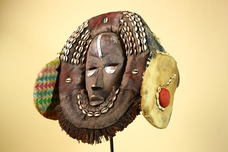 Authentic Dan Mask Cowrie Shells Textiles & Patina Liberia African Tribal -G5995
