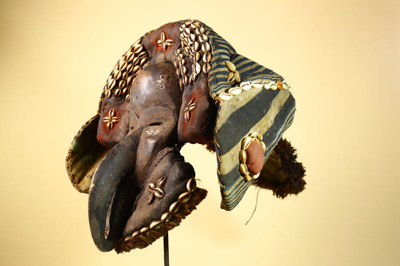 Authentic Dan Tribal Bird Mask Cowrie Shell Textile Liberia  African Art -G5996
