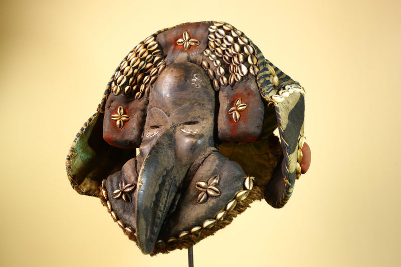 Authentic Dan Tribal Bird Mask Cowrie Shell Textile Liberia  African Art -G5996