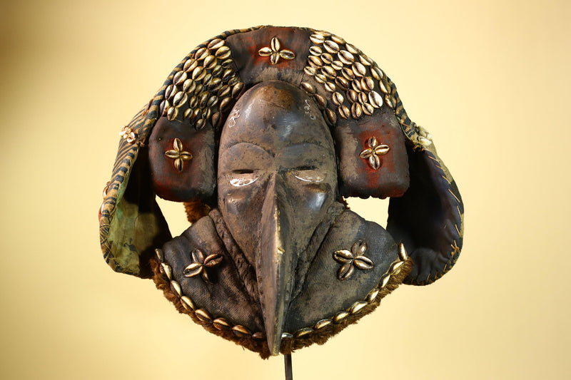 Authentic Dan Tribal Bird Mask Cowrie Shell Textile Liberia  African Art -G5996