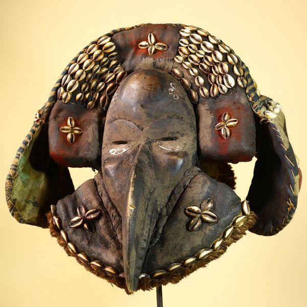 Authentic Dan Tribal Bird Mask Cowrie Shell Textile Liberia  African Art -G5996