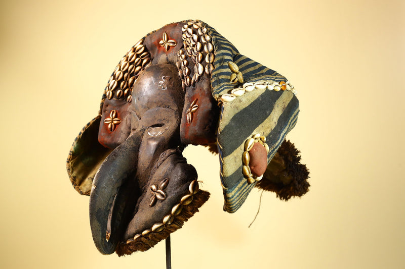 Authentic Dan Tribal Bird Mask Cowrie Shell Textile Liberia  African Art -G5996