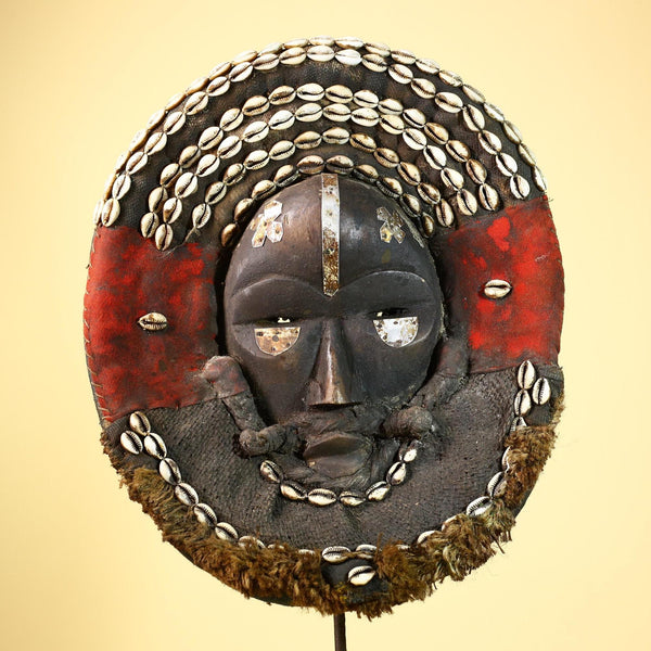 African Dan Tribal Mask Cowrie Shells Red Cloth Ceremonial Art Mask -G5997