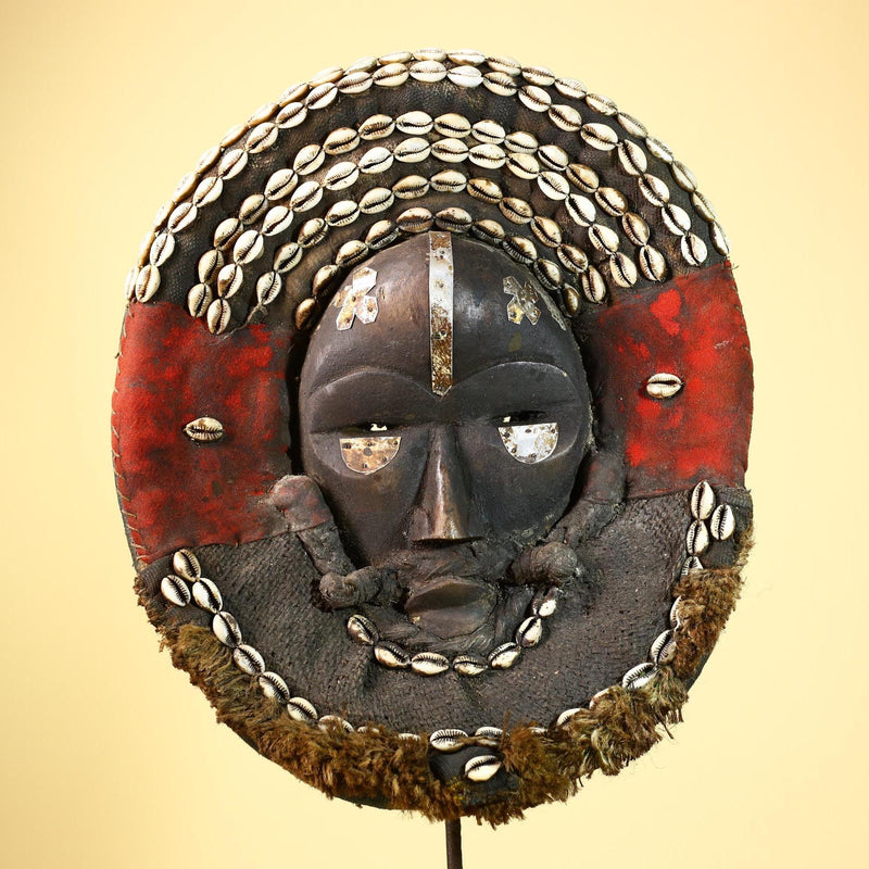 African Dan Tribal Mask Cowrie Shells Red Cloth Ceremonial Art Mask -G5997