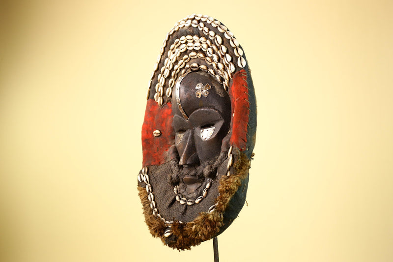 African Dan Tribal Mask Cowrie Shells Red Cloth Ceremonial Art Mask -G5997