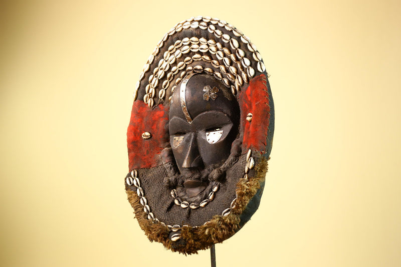 African Dan Tribal Mask Cowrie Shells Red Cloth Ceremonial Art Mask -G5997