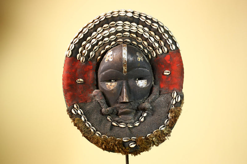 African Dan Tribal Mask Cowrie Shells Red Cloth Ceremonial Art Mask -G5997