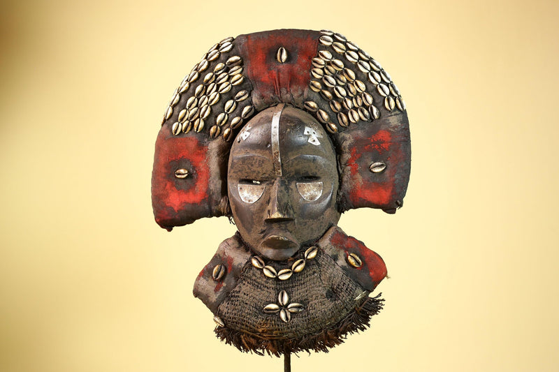 Vintage Dan African Tribal Mask Cowrie Shells Red Textile  Authentic Mask -G5998