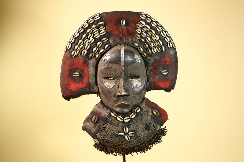 Vintage Dan African Tribal Mask Cowrie Shells Red Textile  Authentic Mask -G5998