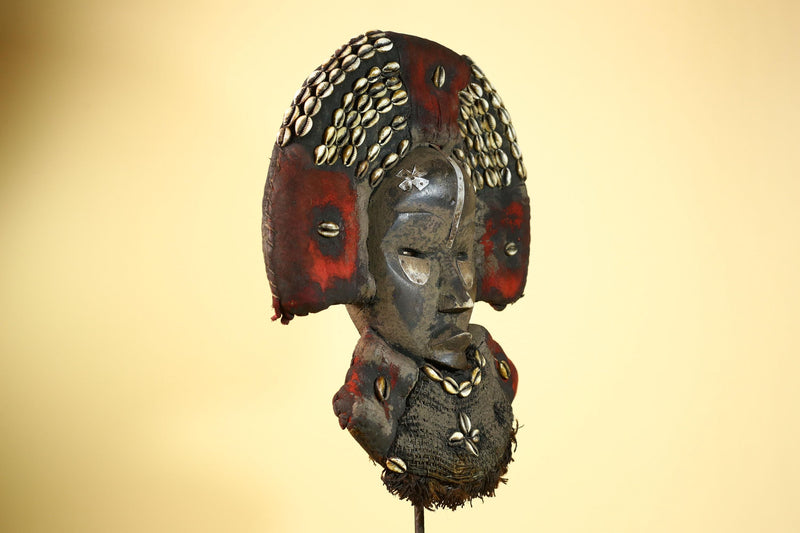 Vintage Dan African Tribal Mask Cowrie Shells Red Textile  Authentic Mask -G5998