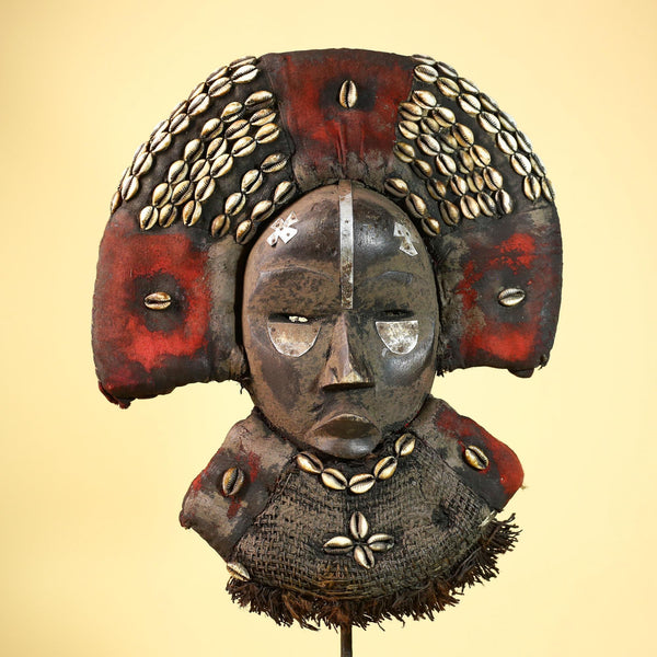 Vintage Dan African Tribal Mask Cowrie Shells Red Textile  Authentic Mask -G5998