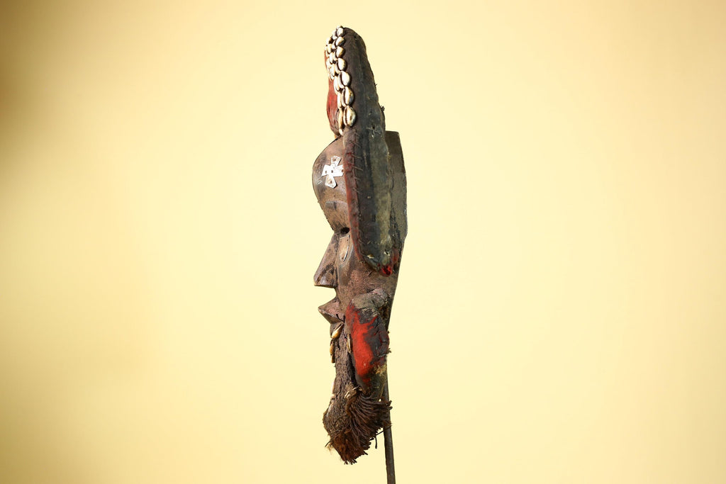 Vintage Dan African Tribal Mask Cowrie Shells Red Textile  Authentic Mask -G5998