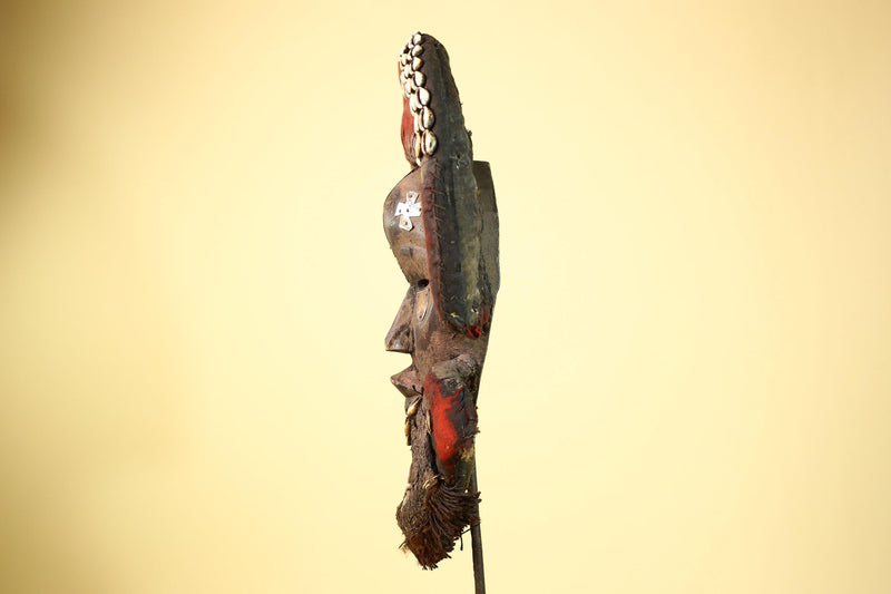 Vintage Dan African Tribal Mask Cowrie Shells Red Textile  Authentic Mask -G5998