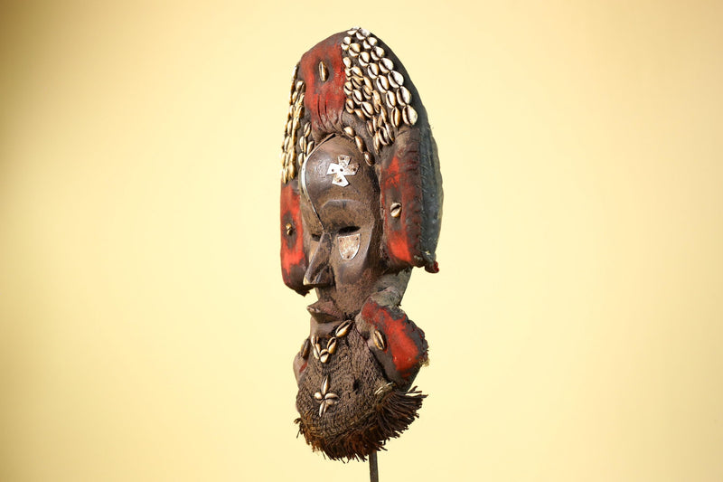 Vintage Dan African Tribal Mask Cowrie Shells Red Textile  Authentic Mask -G5998
