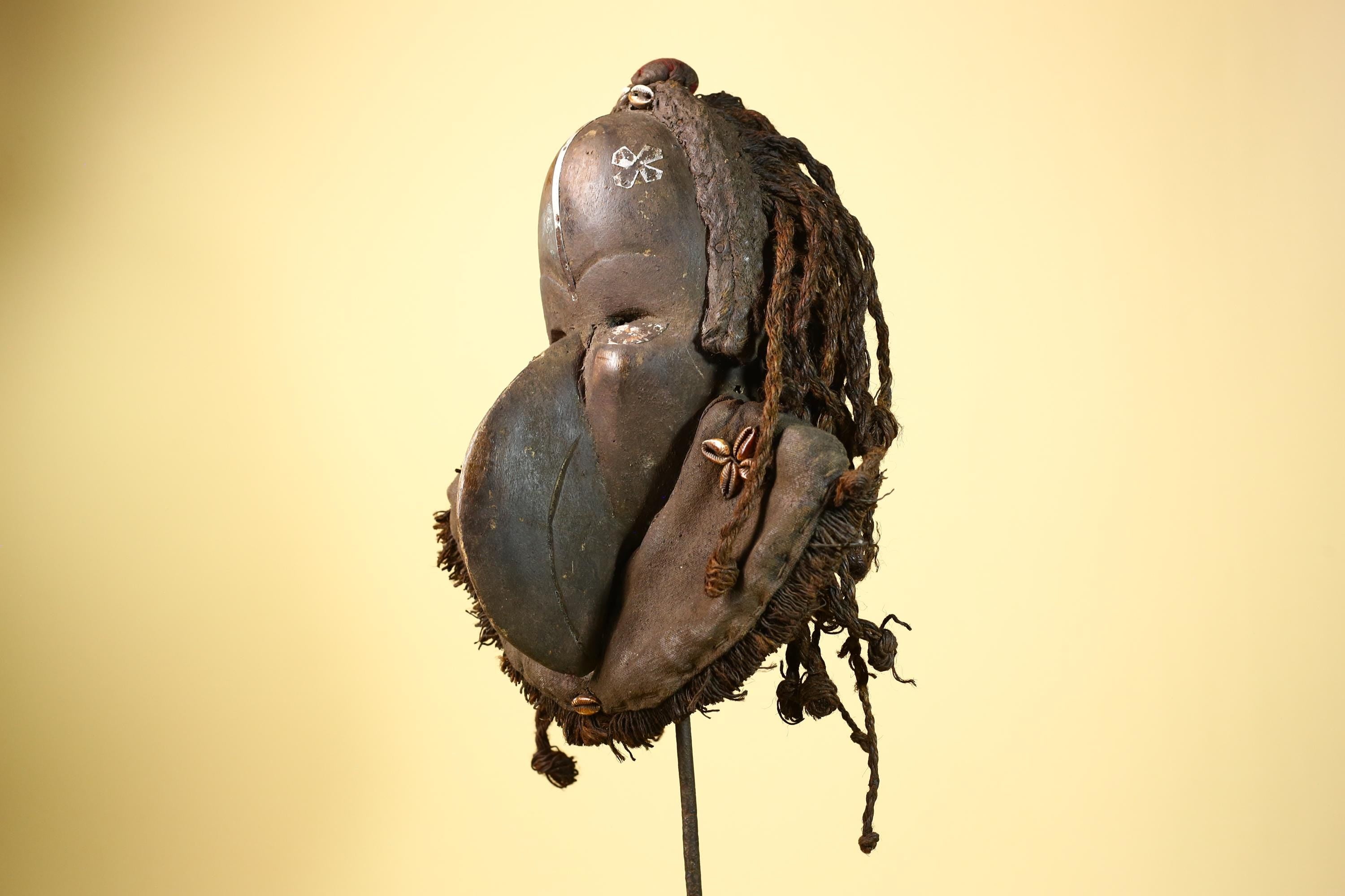 African Vintage Dan Mask Côte d'Ivoire Tribal Art Wood Braids Cowrie Decor -G5999