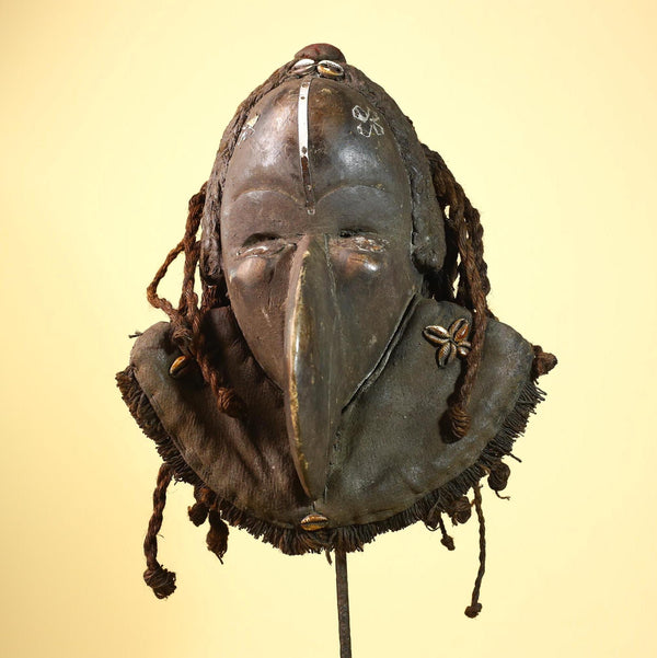 African Vintage Dan Mask Côte d'Ivoire Tribal Art Wood Braids Cowrie Decor -G5999