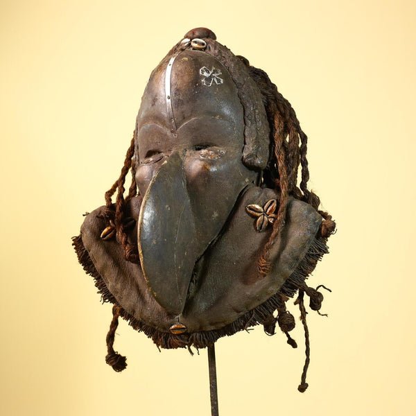 African Vintage Dan Mask Côte d'Ivoire Tribal Art Wood Braids Cowrie Decor -G5999