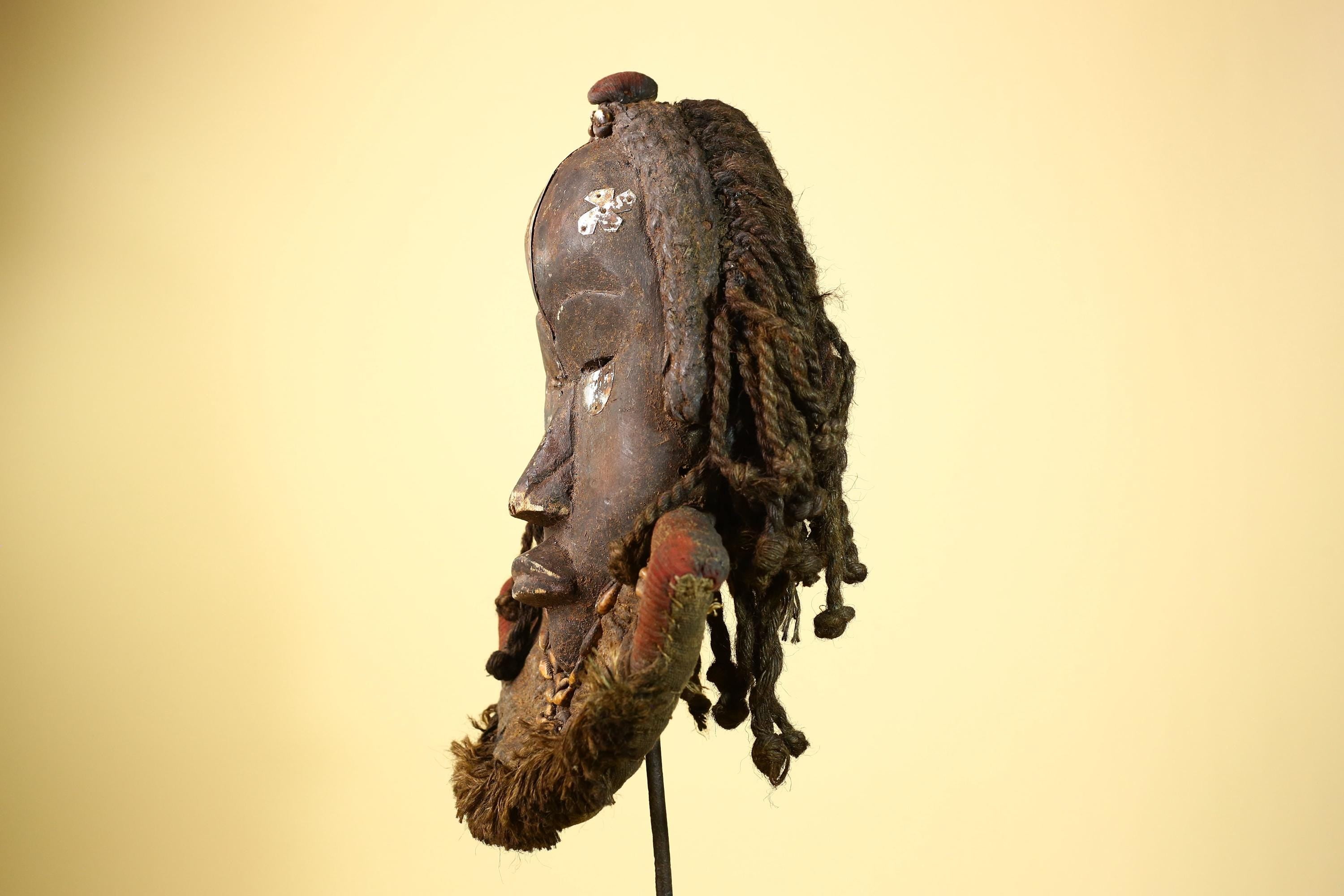Vintage Dan Mask African Tribal Art Côte d'Ivoire Carved Wood Cowrie Decor -G6000