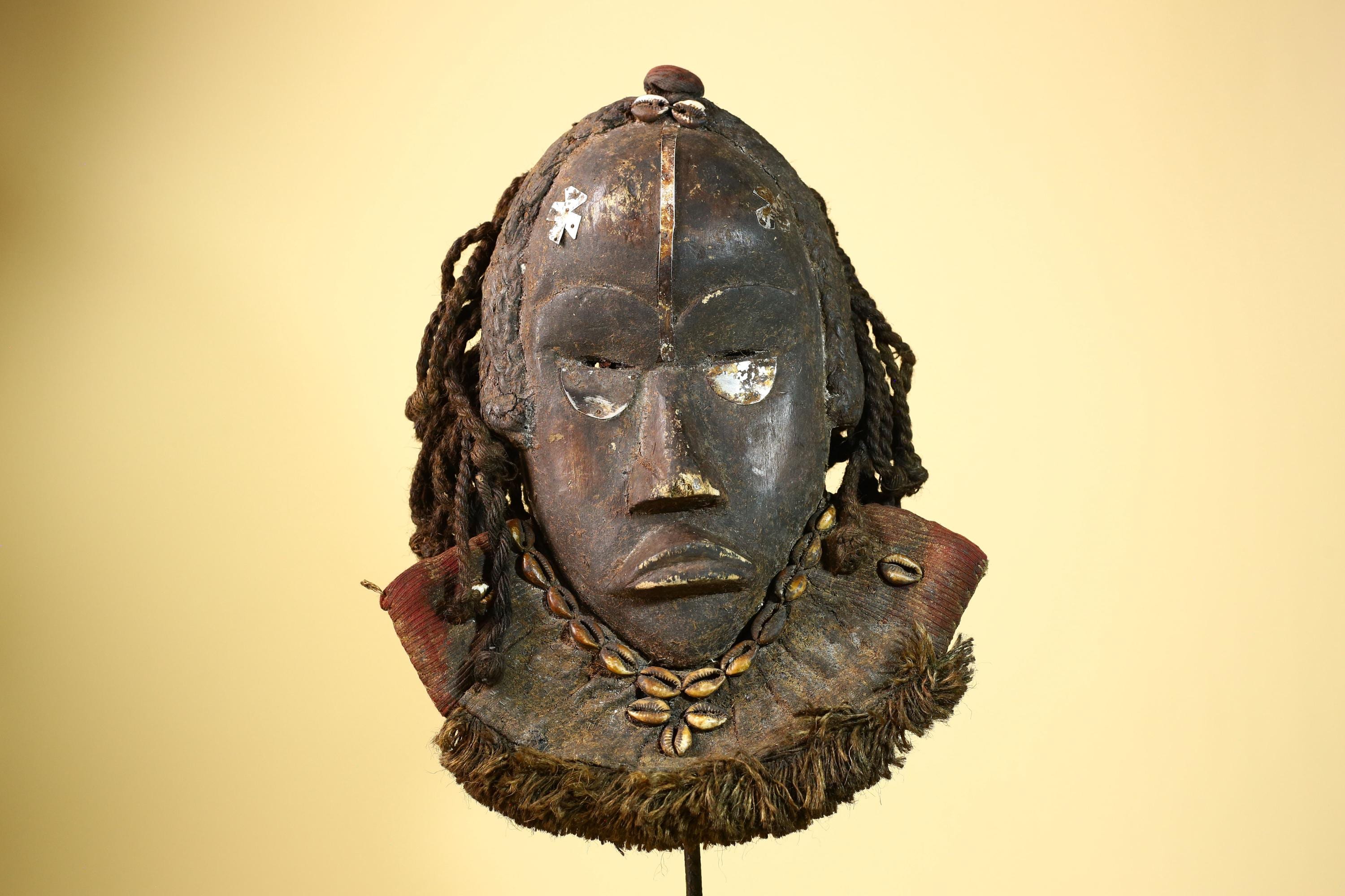 Vintage Dan Mask African Tribal Art Côte d'Ivoire Carved Wood Cowrie Decor -G6000
