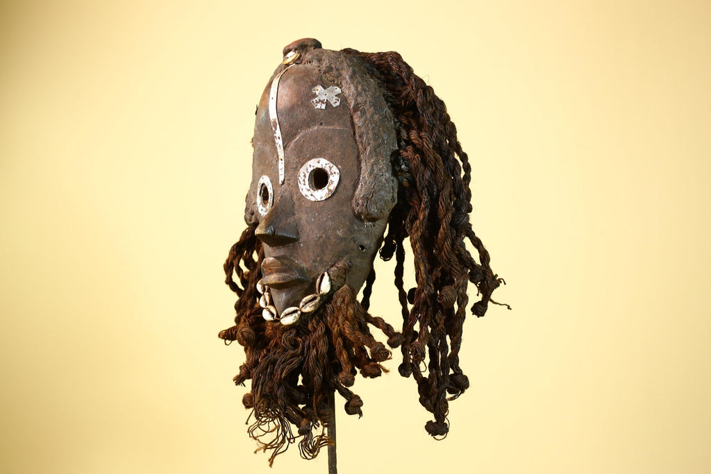 African Vintage Dan Mask with Metal Eyes Cowrie Braided Hair  Tribal Art -G6002